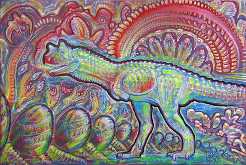 Carnotaurus Wakes Up In A Very Unfamiliar Place, art - Michael Garfield Visionary Art (michaelgarfieldart.com)